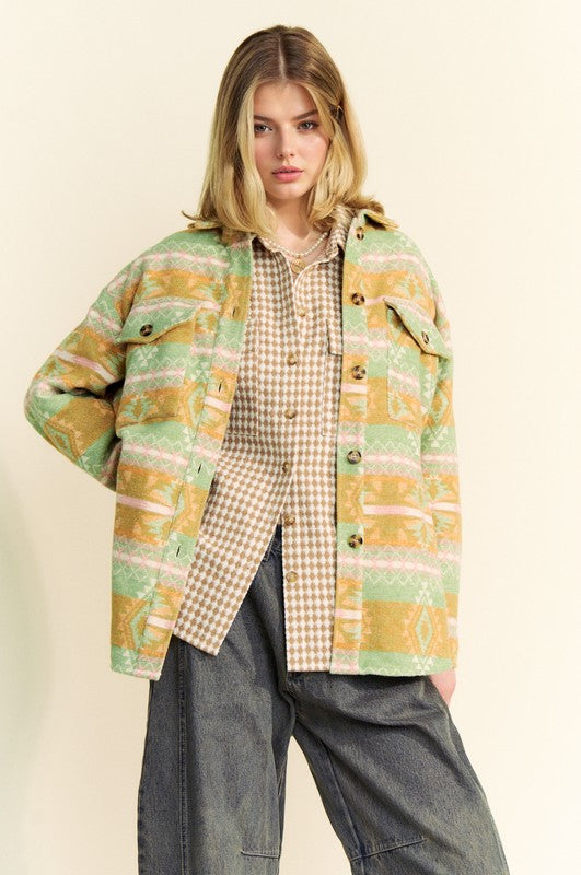 Davi & Dani High-Low Geometric Pattern Long Sleeves Pockets Shacket | Gum Leaf