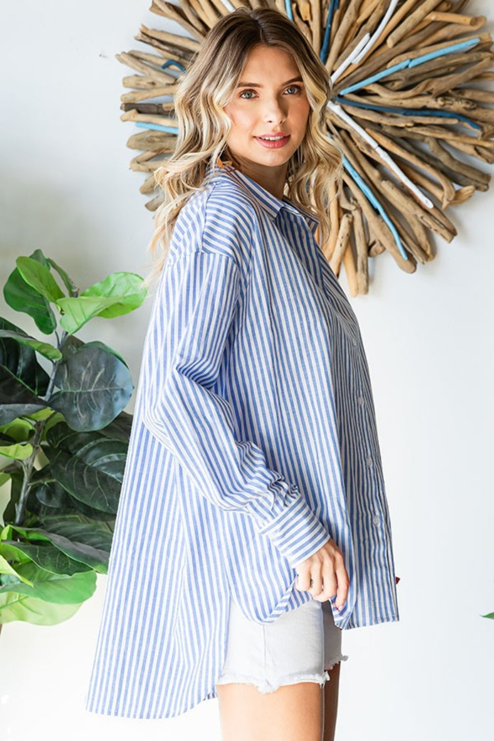 First Love Striped Button Down High-Low Hem Long Sleeves Oversized Shirt | Blue