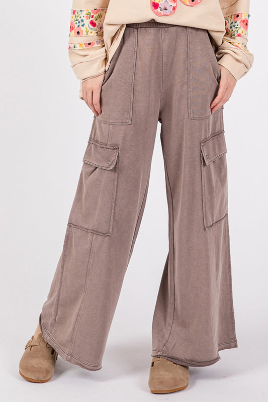 SAGE + FIG Knit Terry Mineral Wash Elastic Waist Wide Leg Sweatpants | Charcoal