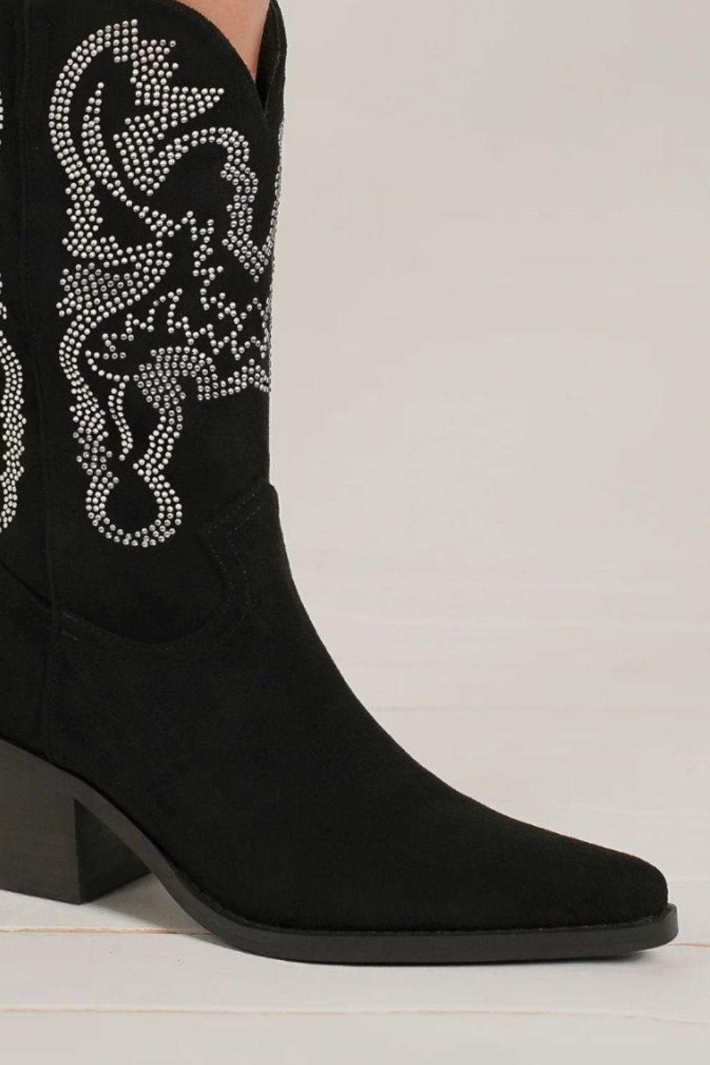 Beast Fashion Rhinestone Detail Point Toe Block Heel Western Ankle Boots | Black