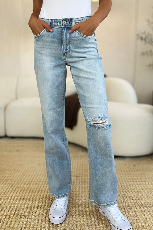 Judy Blue High Waist Distressed Details Zip Fly Light Wash Straight Denim Jeans