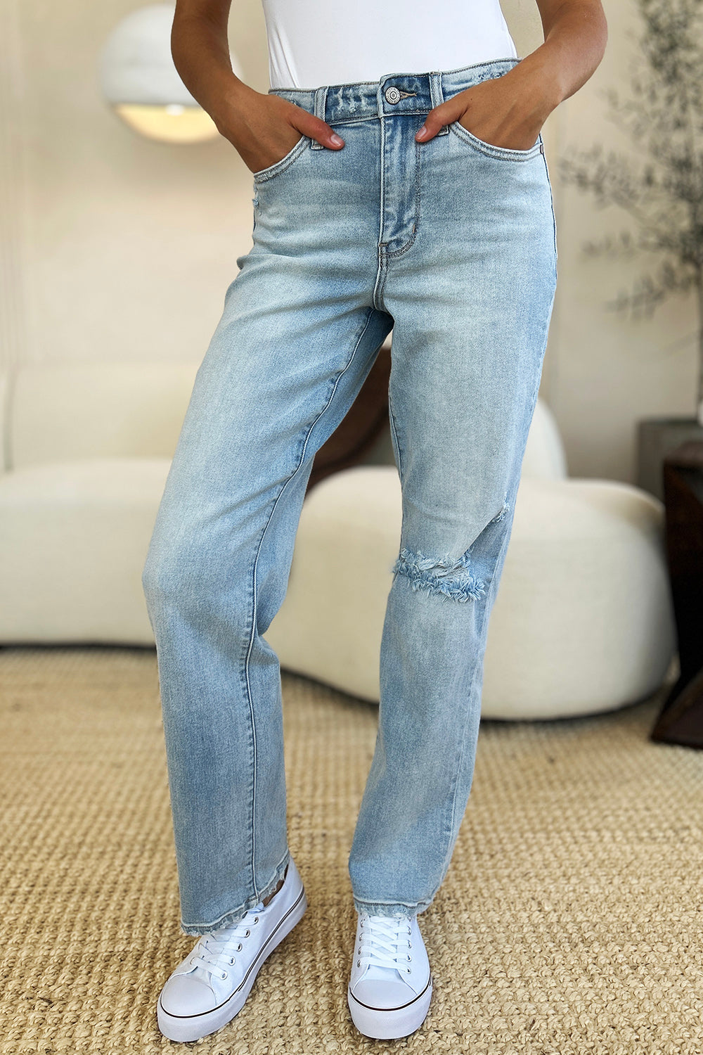 Judy Blue High Waist Distressed Details Zip Fly Light Wash Straight Denim Jeans