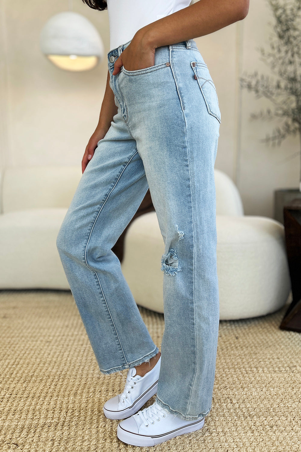 Judy Blue High Waist Distressed Details Zip Fly Light Wash Straight Denim Jeans