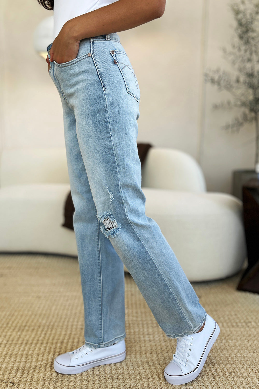 Judy Blue High Waist Distressed Details Zip Fly Light Wash Straight Denim Jeans