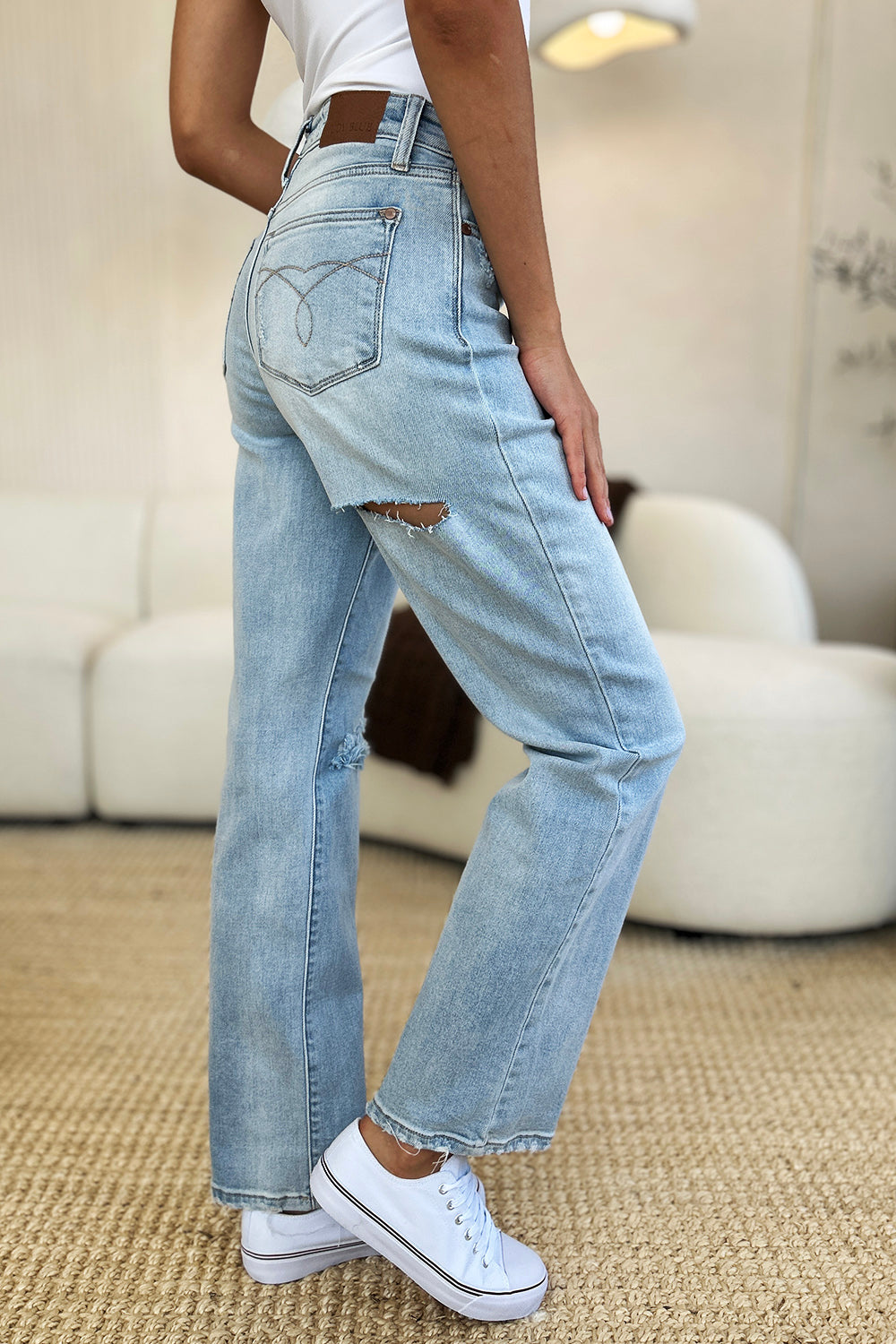 Judy Blue High Waist Distressed Details Zip Fly Light Wash Straight Denim Jeans