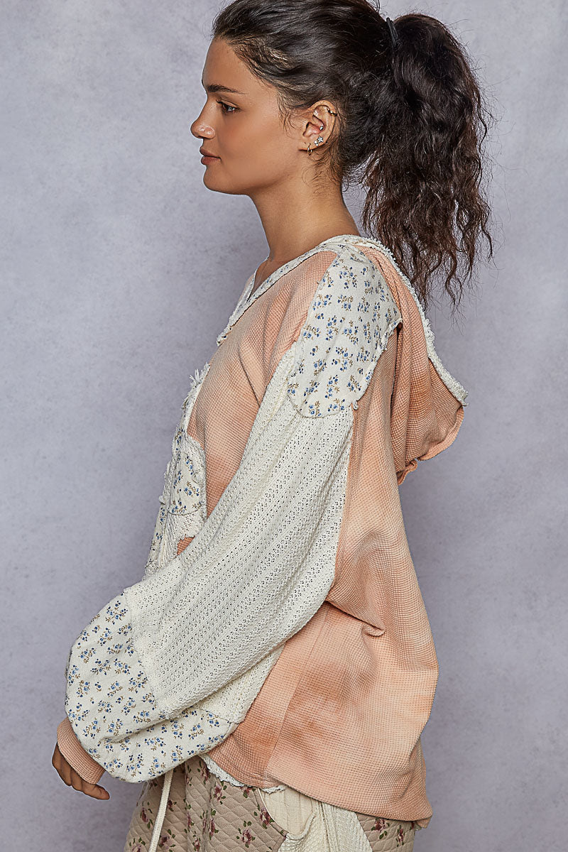 POL Boho Floral Embroidery Balloon Sleeves Washed Hooded Sweatshirt | Cream