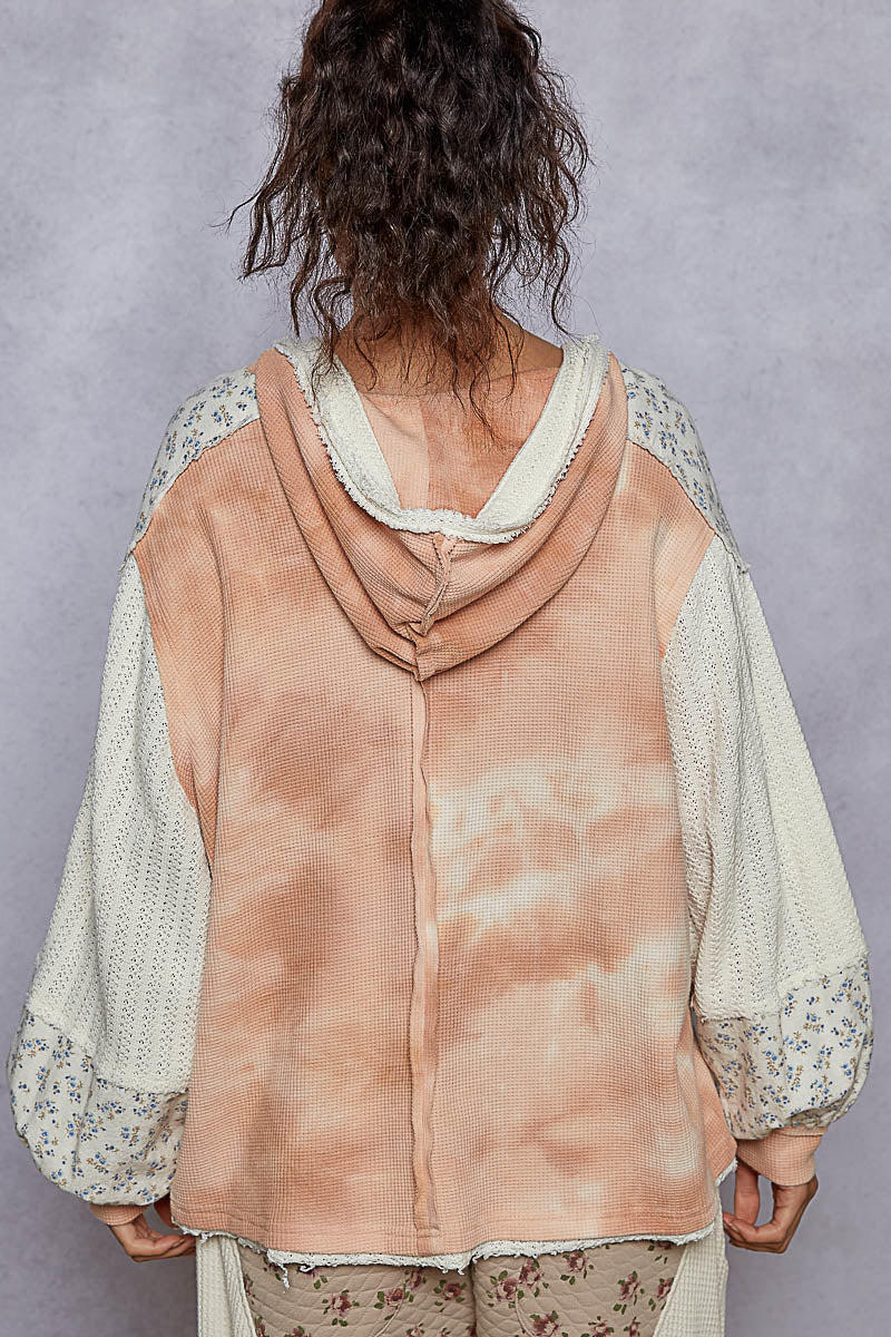 POL Boho Floral Embroidery Balloon Sleeves Washed Hooded Sweatshirt | Cream