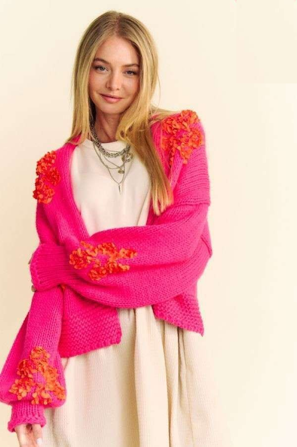 Davi & Dani Floral Applique Open Front Long Sleeves Bulky Cardigan | Hot Pink