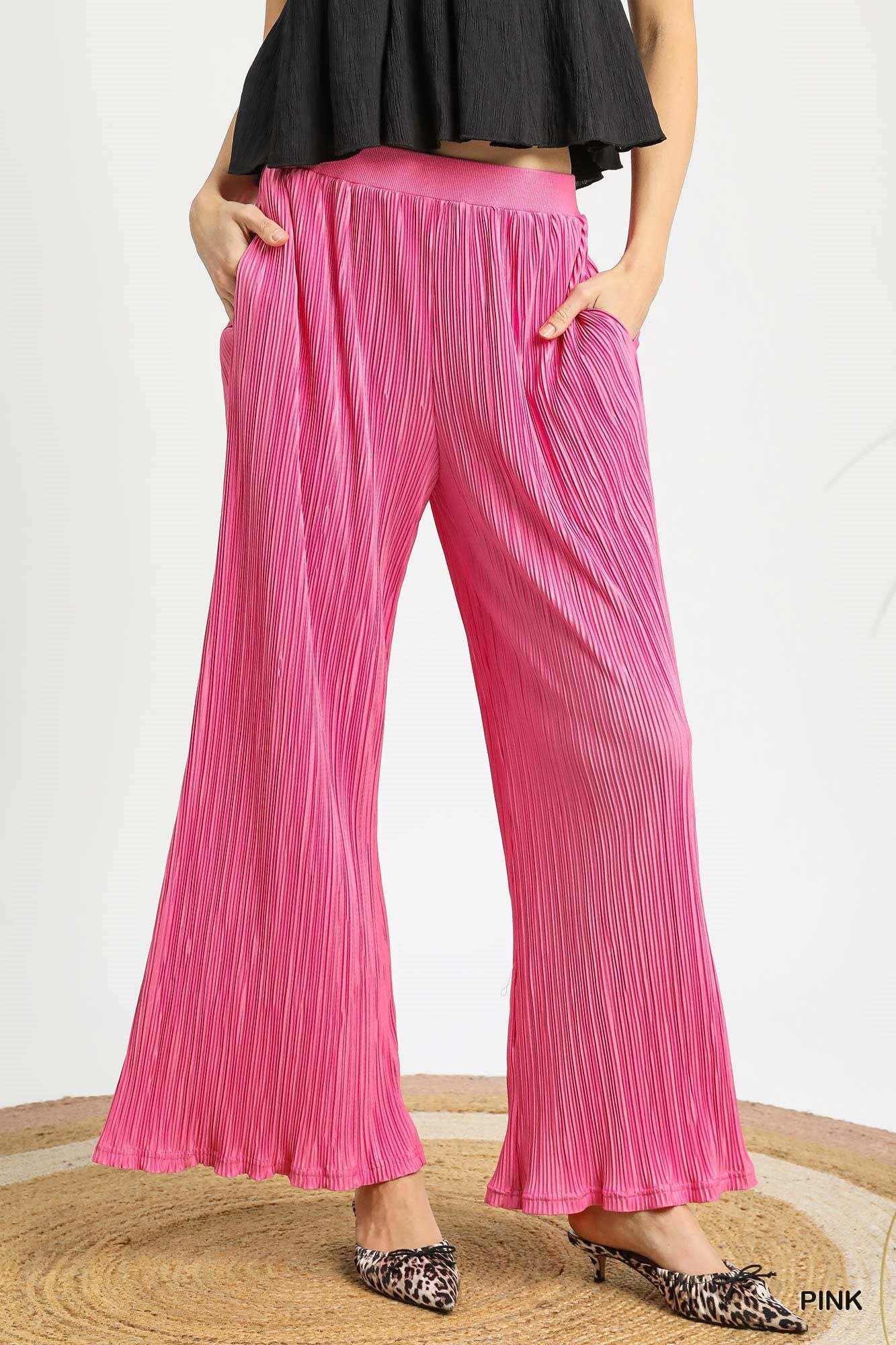 Umgee Textured Side Pockets Pleated Design Casual Wide Leg Palazzo Pants | Pink