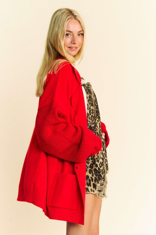 Davi & Dani Button Up Dropped Shoulder Patched Pocket Oversized Cardigan | Red