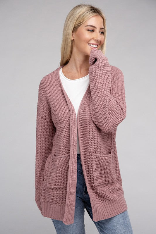 ZENANA Low Gauge Waffle Oversized Open Front Sweater Cardigan