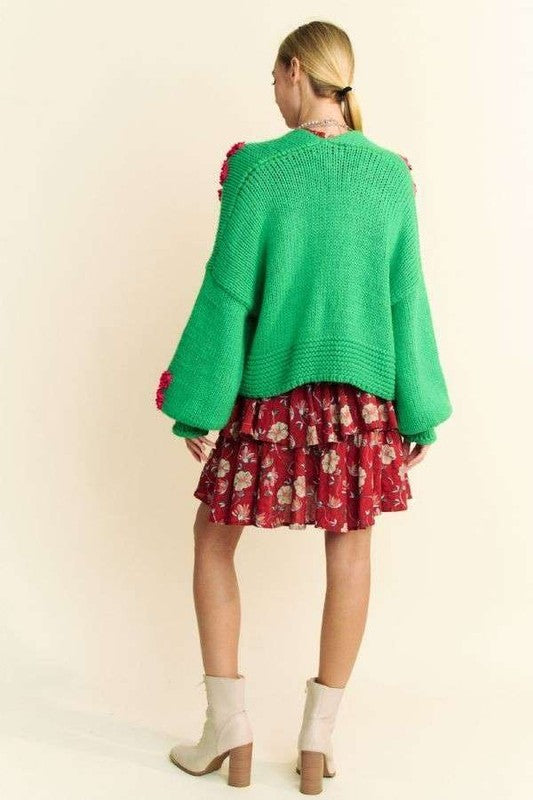 Davi & Dani Floral Applique Open Front Long Sleeves Bulky Cardigan | Green