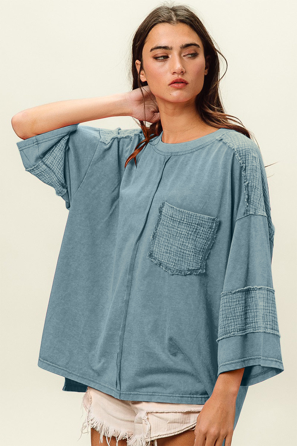 BiBi High-Low Hem Exposed Seam Long Sleeves Pocket Washed T-Shirt | Denim