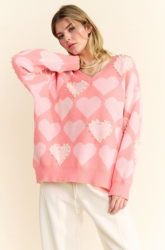 Davi & Dani Heart Pearl Side Slit Loose Fit V-Neck Pullover Sweater | Pink