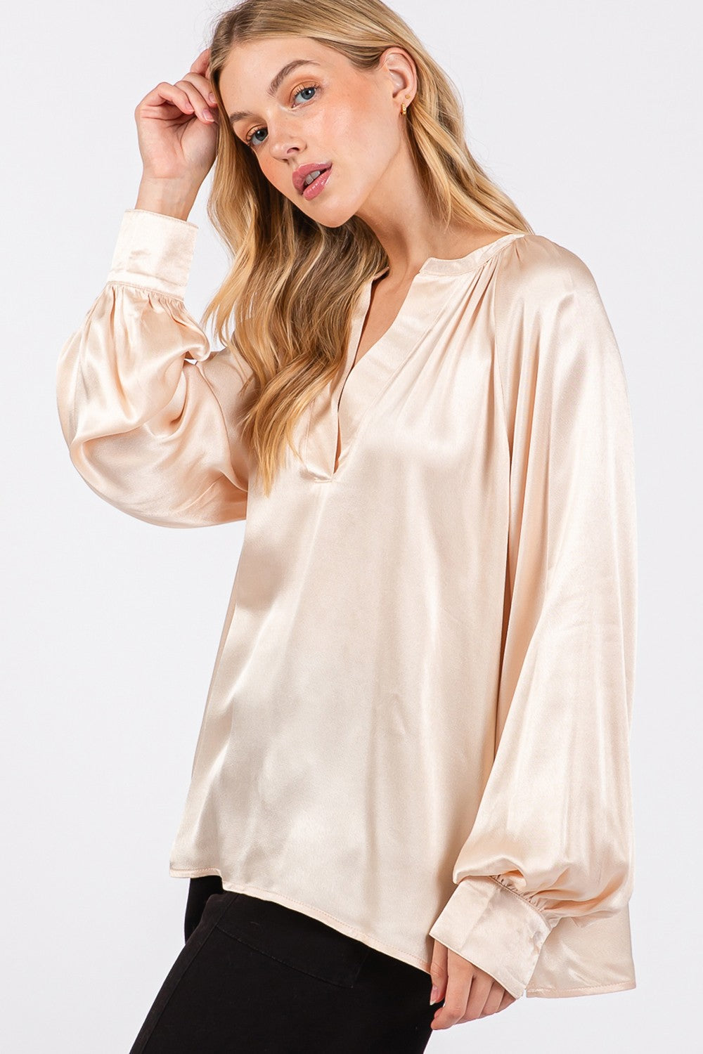 SAGE + FIG Viscose Split Neck Raglan Long Sleeves Relaxed Fit Blouse | Champagne