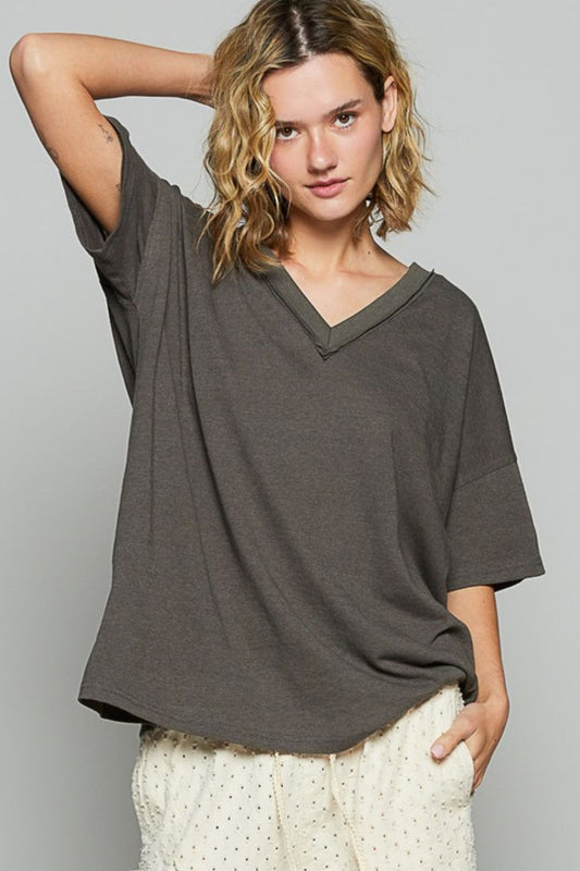 POL V-Neckline Short Sleeves Roomy Fit Stone Washed Knit T-Shirt | Charcoal