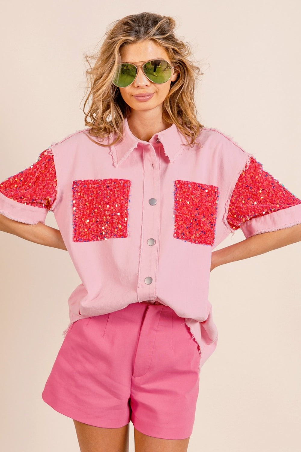 BiBi Sequin Detail Raw Hem Short Sleeves Buttoned Shirt