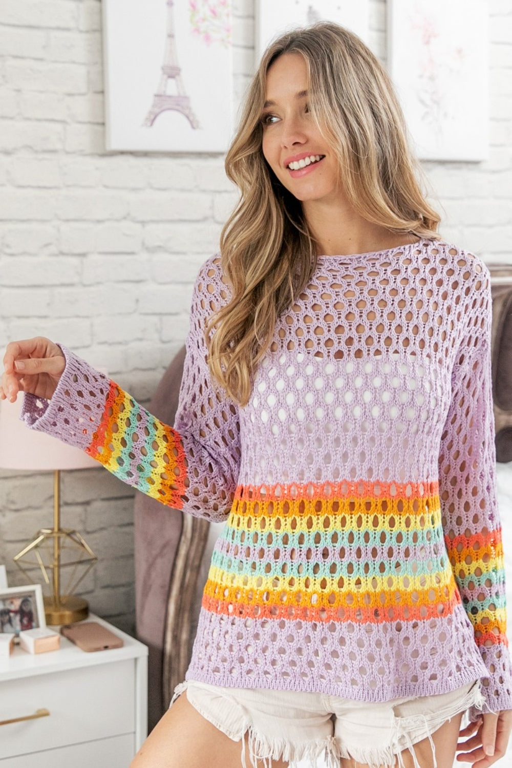 BiBi Relaxed Fit Long Sleeves Rainbow Stripe Hollow Out Cover Up Top