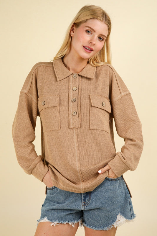 VERY J Collared Half Button Up Front Chest Pockets Oversized Knit Top | Taupe