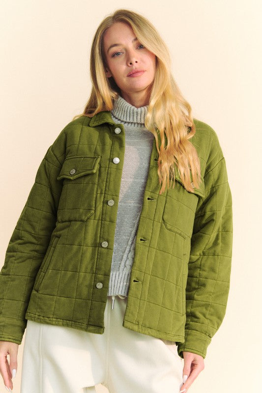 Davi & Dani Mineral Wash Quilted Button Down Chest Pockets Shacket | Army Olive