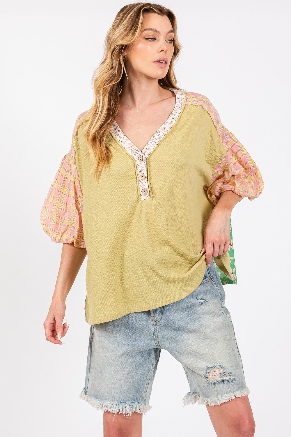 SAGE + FIG Color Block Plaid Print Bubble Short Sleeves Oversized Blouse | Sage