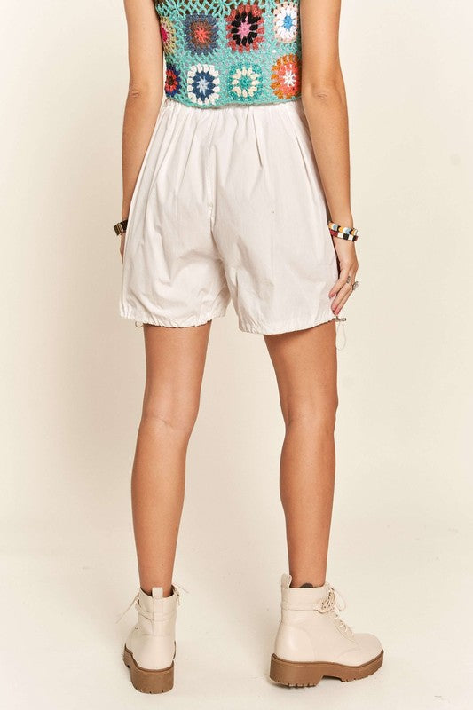 ADORA High Waisted Drawstring Relaxed Fit Wide Leg Cargo Pockets Shorts | White