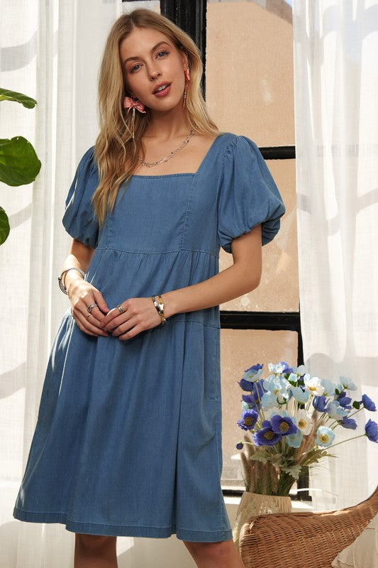 ADORA Square Neck Puff Sleeve Denim Dress | Blue