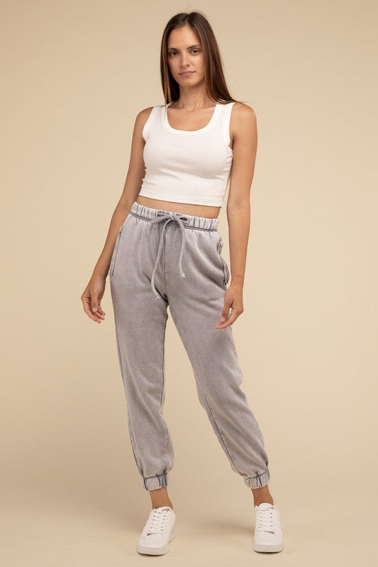 ZENANA Acid Wash Side Pockets Fleece Drawstring Cropped Sweatpants