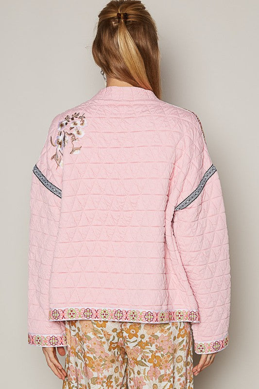 POL Vintage Washed Embroidered Open Front Long Sleeves Quilted Jacket | Pink