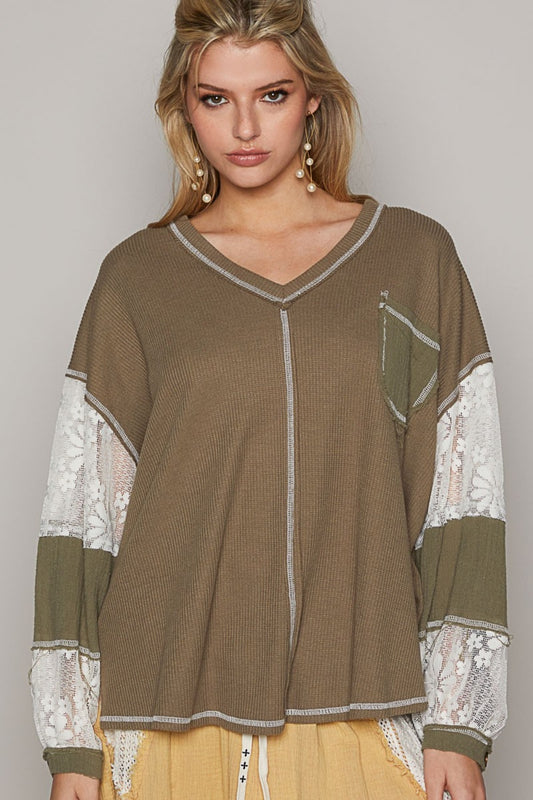 POL V-Neck Lace Detail Balloon Sleeves Exposed Seam Oversized Top | Khaki Olive