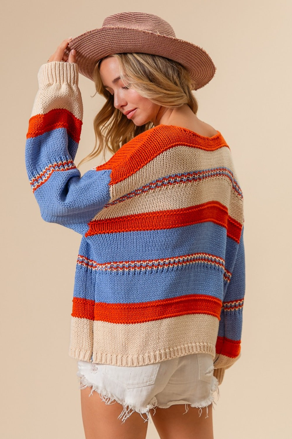 BiBi Multi Color Striped Print Scoop Neck Long Sleeves Sweater | Rust/Oatmeal