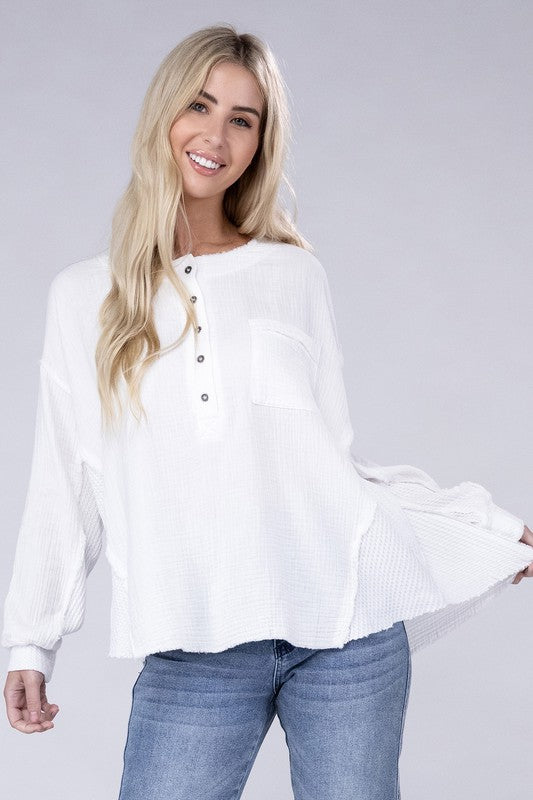 ZENANA Double Gauze Oversized 3/4 Button Henley Neck Top