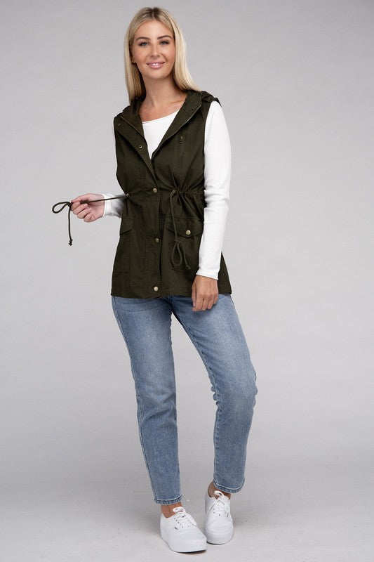 ZENANA Relaxed Fit Drawstring Waist Military Hoodie Vest