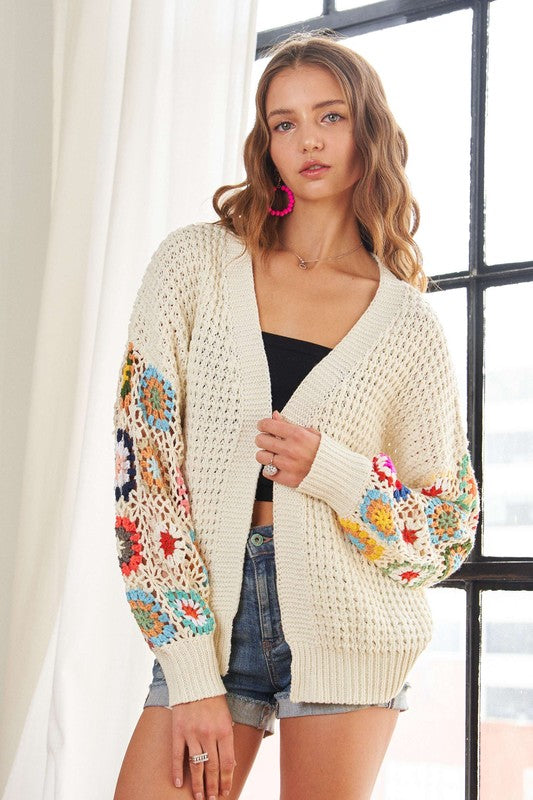 ADORA Contrast Crochet Open Front Long Sleeves Ribbed Sweater Cardigan | Ivory