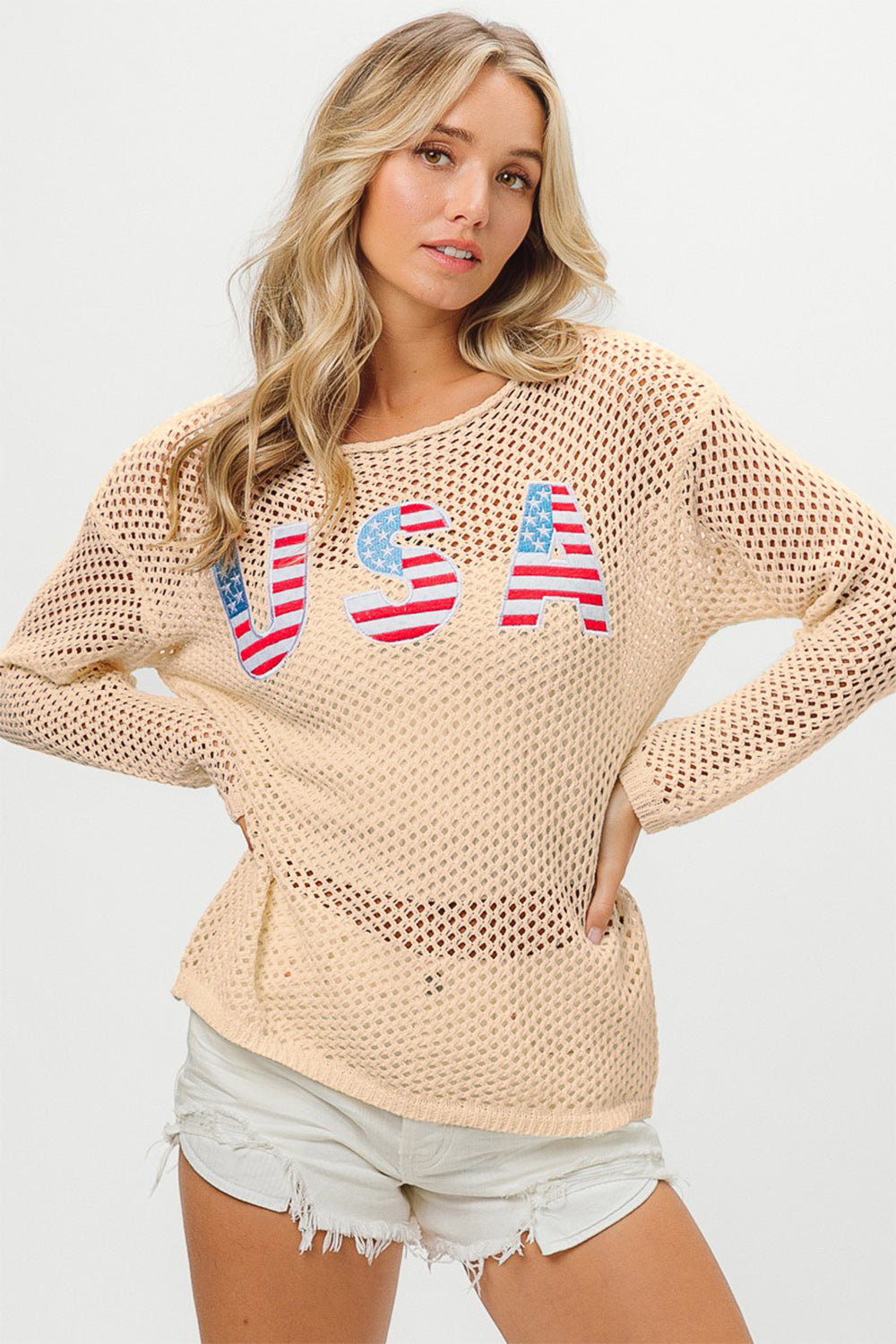BiBi USA Embroidered Openwork Long Sleeves Knit Cover Up Top
