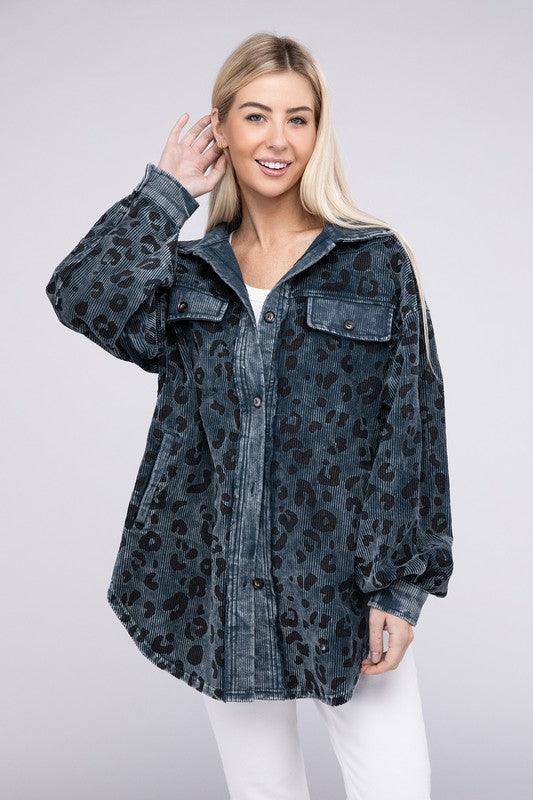 BiBi Oversized Vintage Washed Leopard Print Corduroy Buttoned Jacket