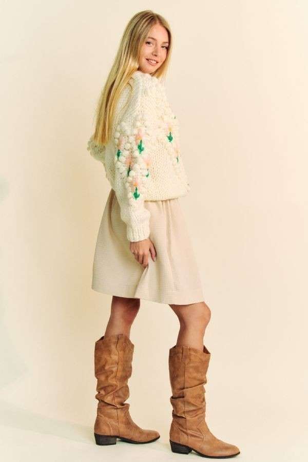 Davi & Dani Embellishments Floral Pattern Button Up Chunky Knit Cardigan | Cream