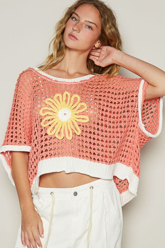 POL Hollow Out Flower Detail Half Sleeves Loose Knit Crochet Sweater | Coral