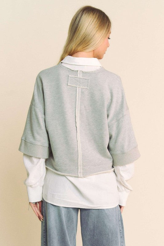 Davi & Dani Faux Layer French Terry Contrast Loose Fit Sweatshirt | Heather Grey