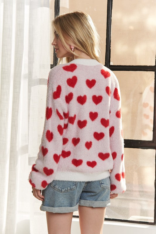 ADORA Fuzzy Lovely Heart Pattern Button Down Knit Sweater Cardigan | Ivory/Red