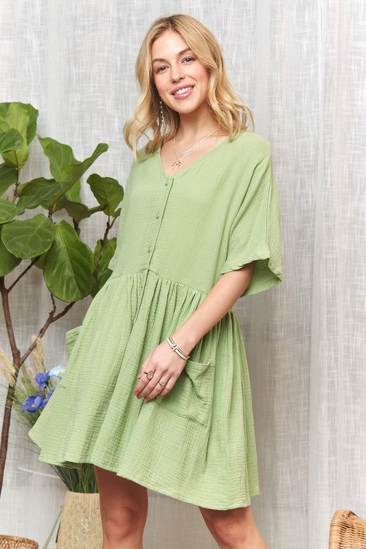 ADORA V-Neck Half Sleeve Dress with Pockets | Dusty Green