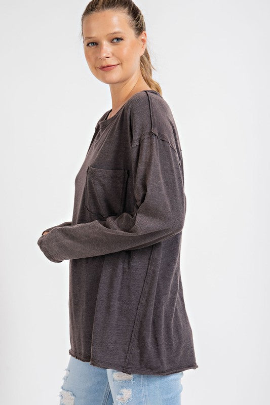 RAE MODE Mineral Washed Round Neckline Long Sleeves Top with Pocket