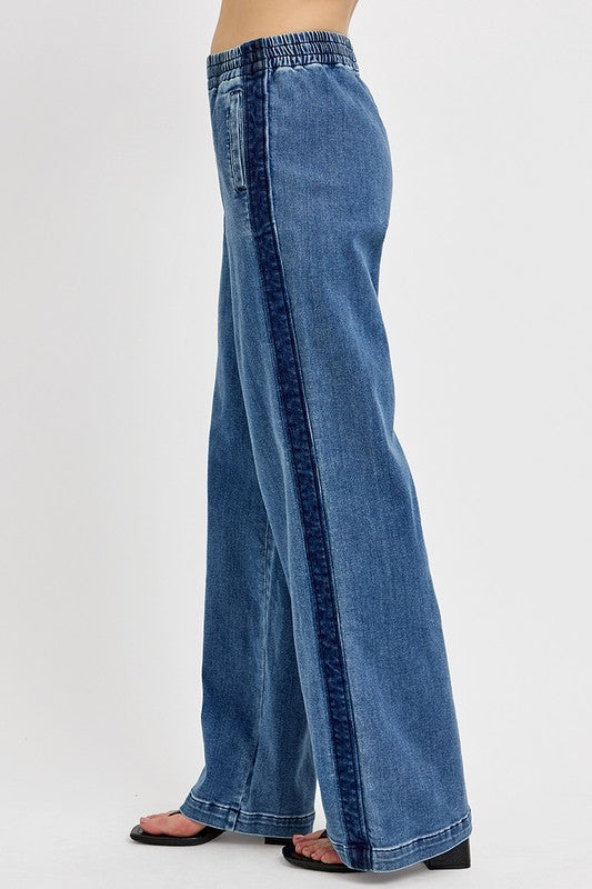 RISEN High Rise Elastic Band Side Seam Detail Medium Wash Wide Leg Denim Jeans