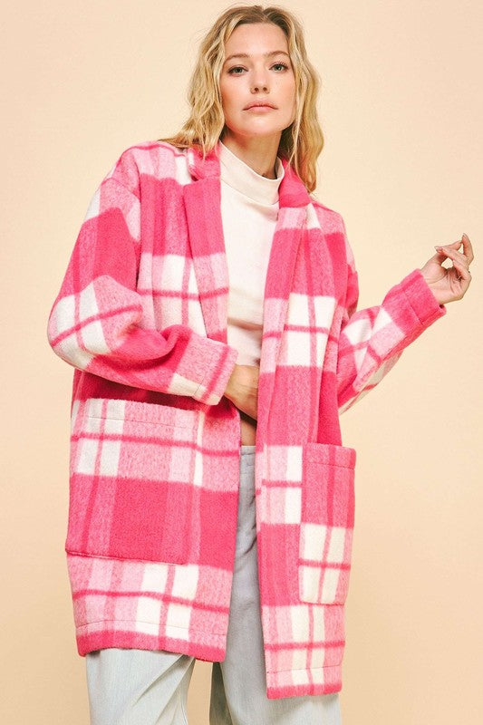 Davi & Dani Checker Plaid Pocket Drop Shoulder Open Front Coat Jacket | Hot Pink