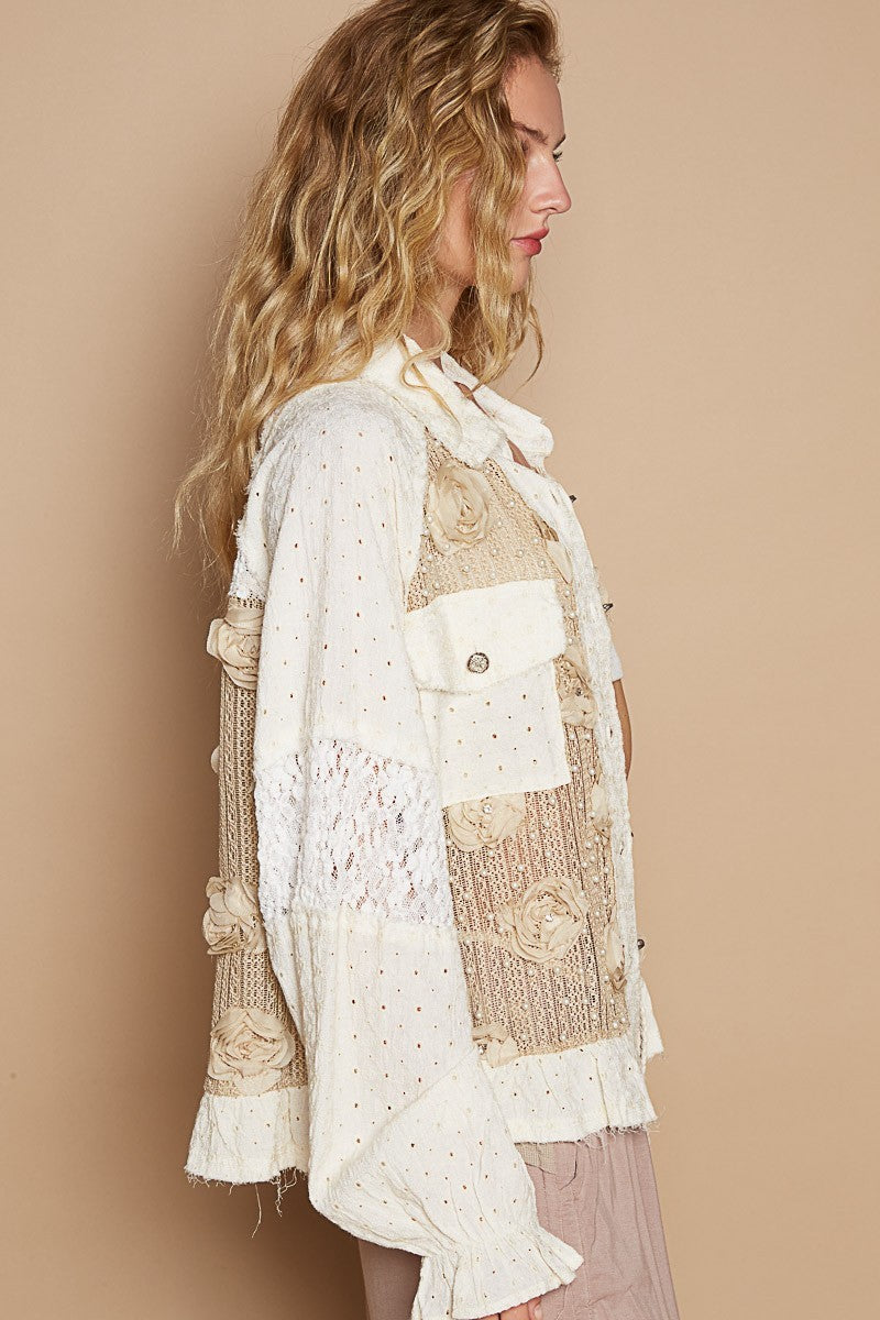 POL Eyelet Flower Pearl Detail Lace Patchwork Balloon Sleeves Shirt | Mocha