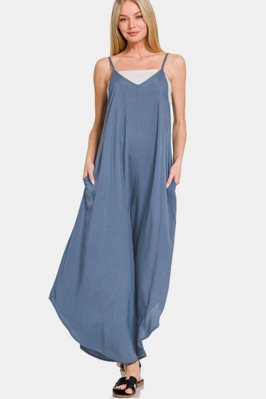 Zenana Spaghetti Strap Side Pockets Wide Leg Rayon Challis Jumpsuit | Dusty Blue