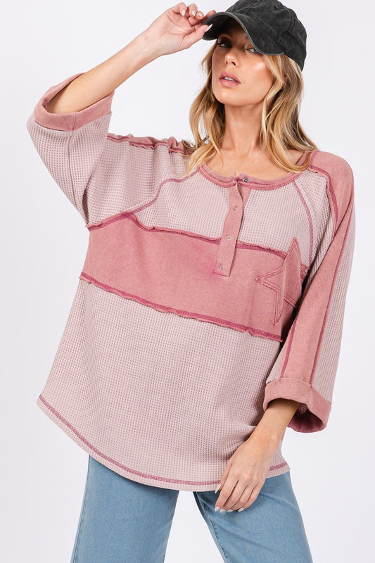 SAGE + FIG Star Applique Patch Exposed Seam Waffle Knit Oversized Top | Mauve