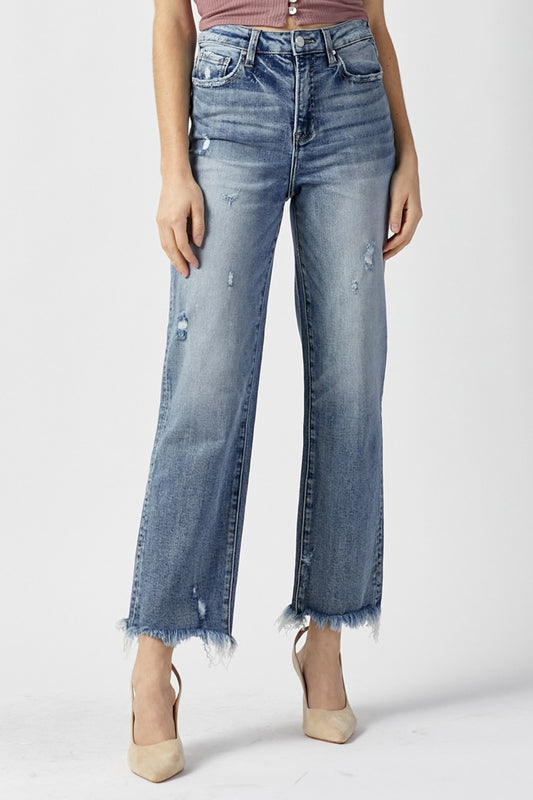 RISEN High Waist Raw Hem Distressed Light Wash Cropped Straight Denim Jeans