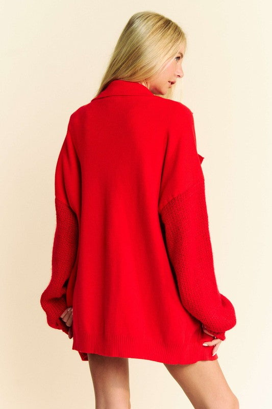 Davi & Dani Button Up Dropped Shoulder Patched Pocket Oversized Cardigan | Red