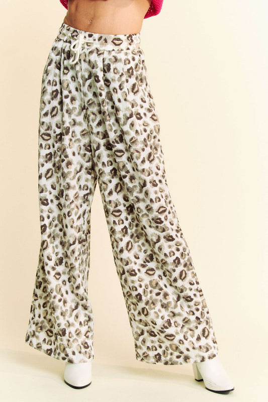 Davi & Dani Drawstring Elastic Waist Leopard Print Long Wide Leg Pants | Brown